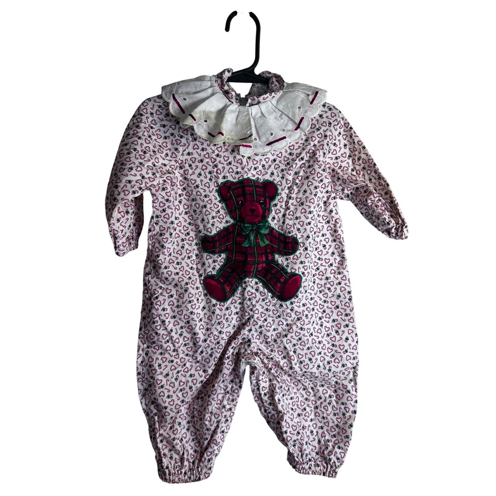 Unbranded Vintage Romper 6/12M White Red Plaid Teddy Bear Candy Cane Baby Girl